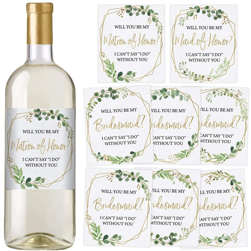 Printed Party Bridesmaid Proposal Wine Bottle Label Gift, Greenery, Set of 8 - Image 1